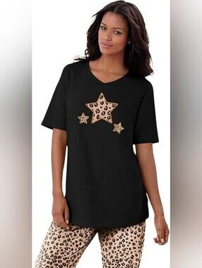 Dreams & Co. Black V-Neck Tee with Leopard Star Graphic